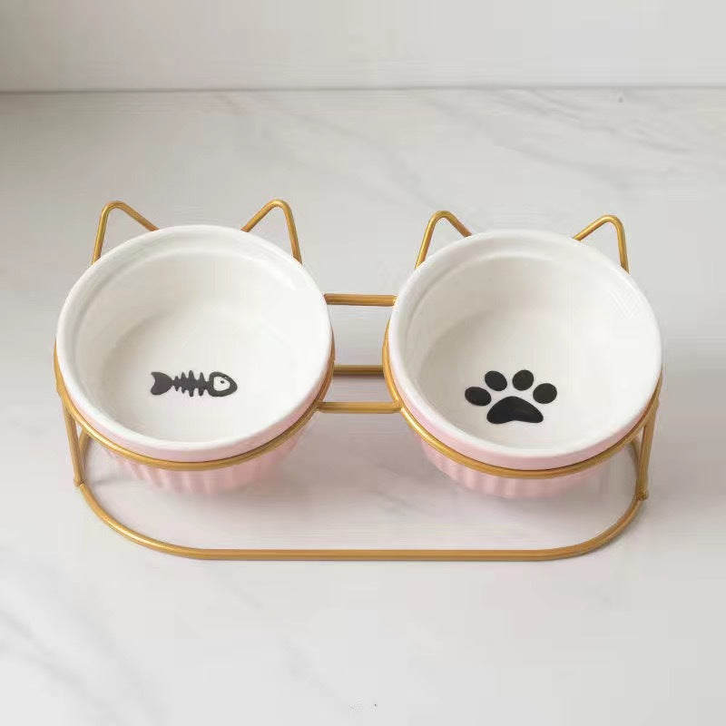 Ceramic Double Raised Pet Bowl Angled Feeding Stand