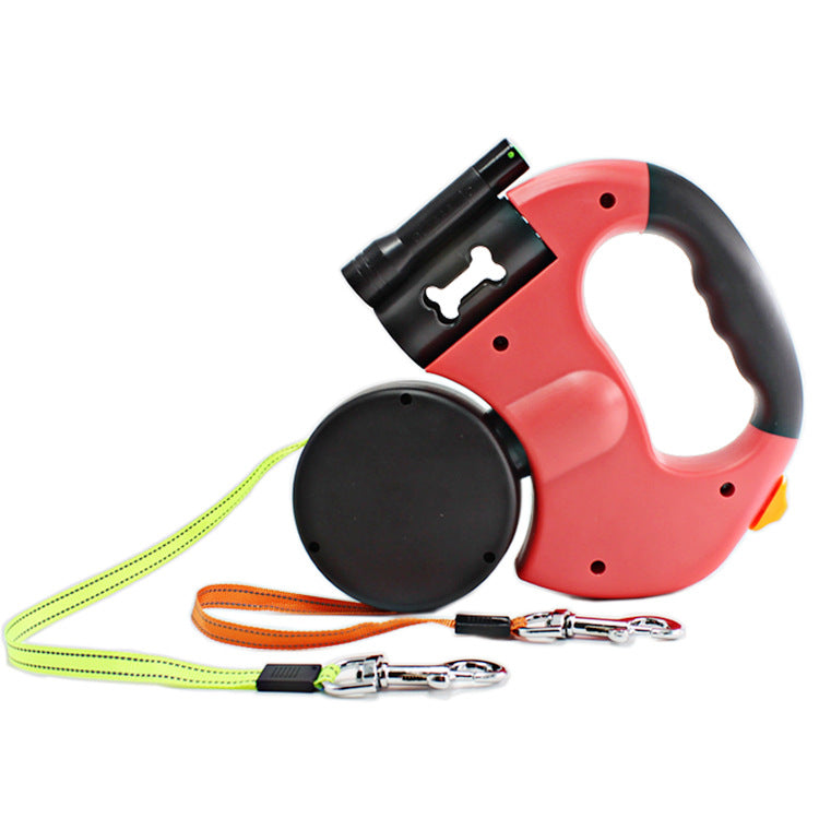 Dual Head Pet Retractable Leash With Flashlight Bag Holder