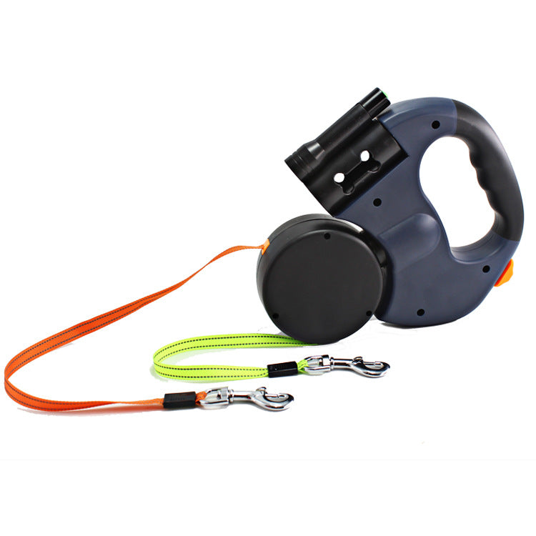 Dual Head Pet Retractable Leash With Flashlight Bag Holder