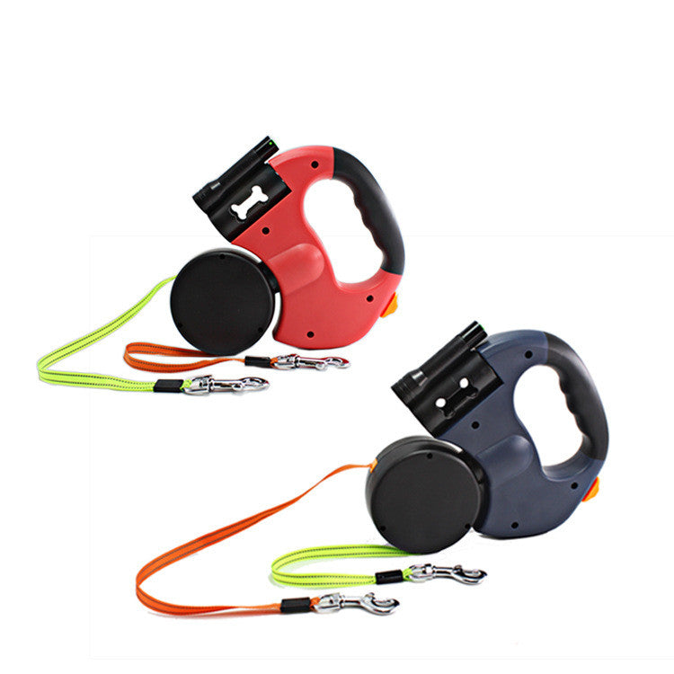 Dual Head Pet Retractable Leash With Flashlight Bag Holder