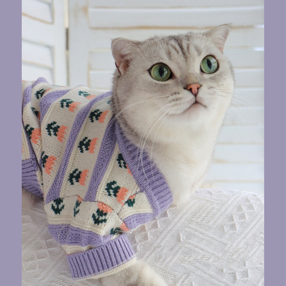Retro Purple Floral Pet Sweater Knitted Autumn Winter Apparel