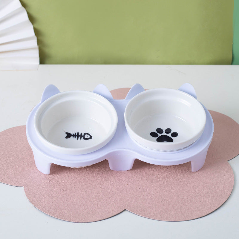Ceramic Double Raised Pet Bowl Angled Feeding Stand
