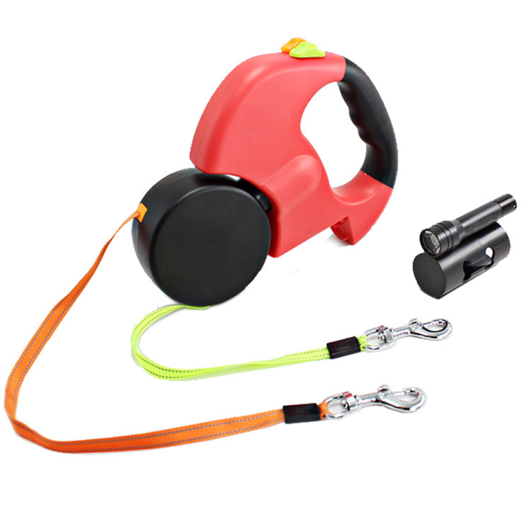 Dual Head Pet Retractable Leash With Flashlight Bag Holder