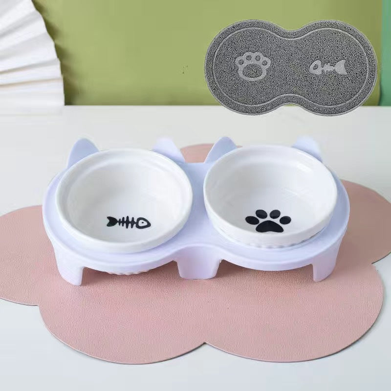 Ceramic Double Raised Pet Bowl Angled Feeding Stand