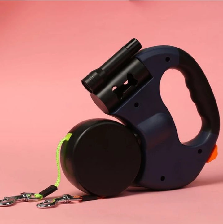 Dual Head Pet Retractable Leash With Flashlight Bag Holder