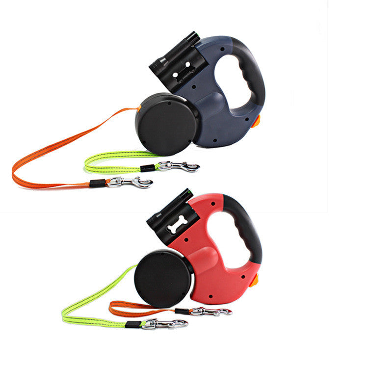 Dual Head Pet Retractable Leash With Flashlight Bag Holder