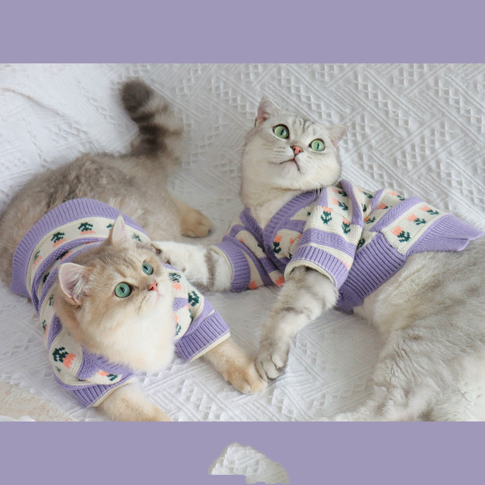 Retro Purple Floral Pet Sweater Knitted Autumn Winter Apparel