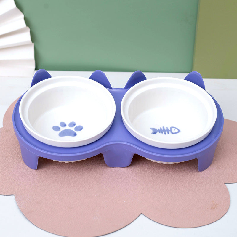 Ceramic Double Raised Pet Bowl Angled Feeding Stand