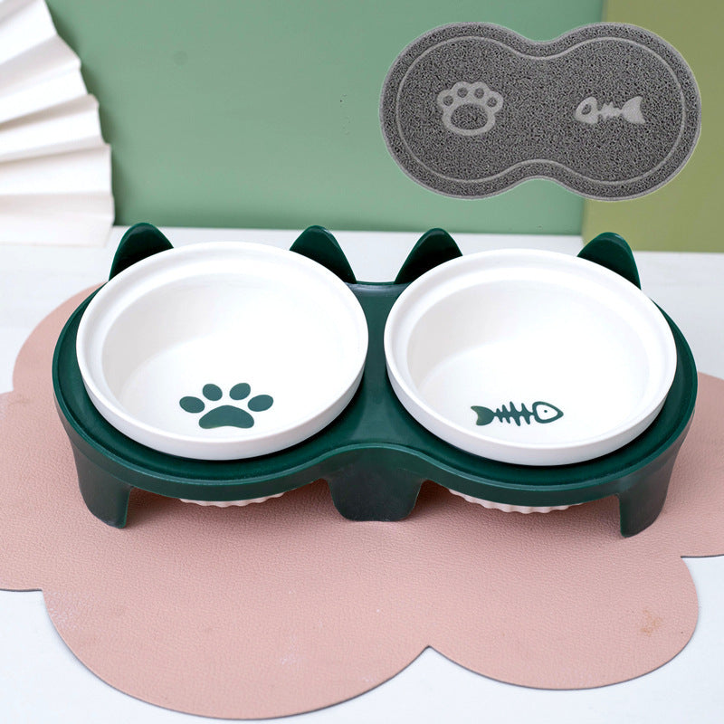 Ceramic Double Raised Pet Bowl Angled Feeding Stand