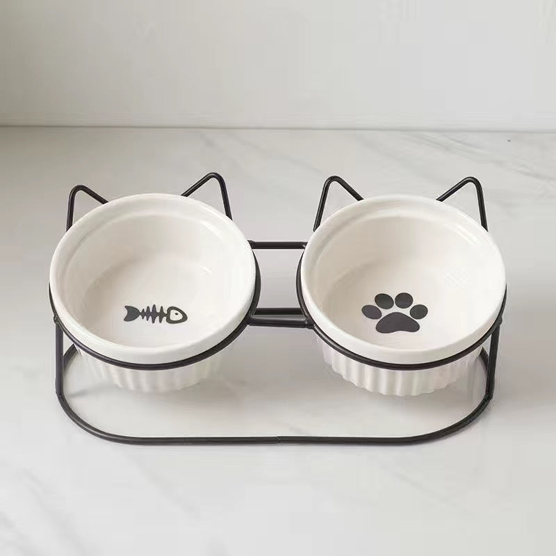 Ceramic Double Raised Pet Bowl Angled Feeding Stand