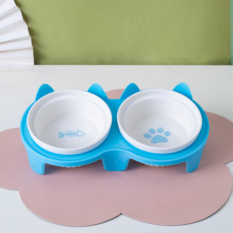 Ceramic Double Raised Pet Bowl Angled Feeding Stand