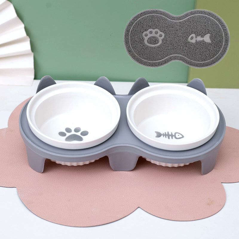 Ceramic Double Raised Pet Bowl Angled Feeding Stand