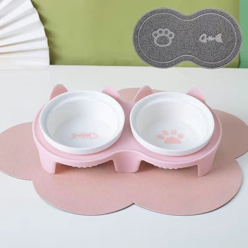 Ceramic Double Raised Pet Bowl Angled Feeding Stand