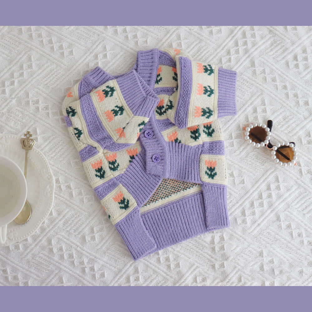 Retro Purple Floral Pet Sweater Knitted Autumn Winter Apparel