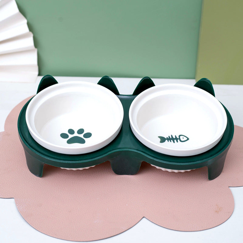 Ceramic Double Raised Pet Bowl Angled Feeding Stand