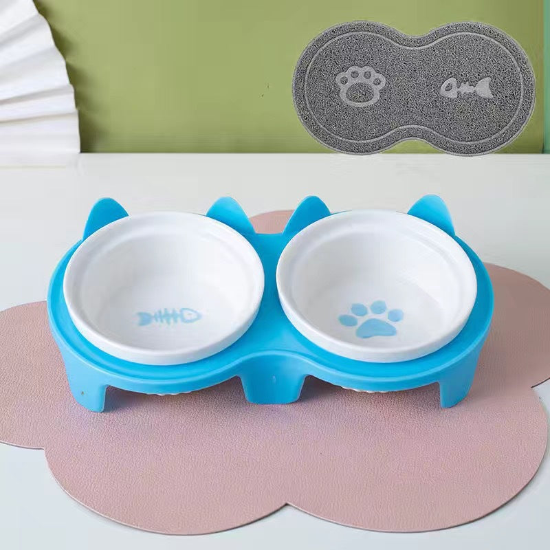 Ceramic Double Raised Pet Bowl Angled Feeding Stand