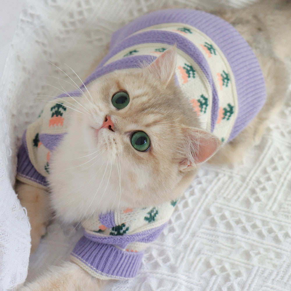 Retro Purple Floral Pet Sweater Knitted Autumn Winter Apparel