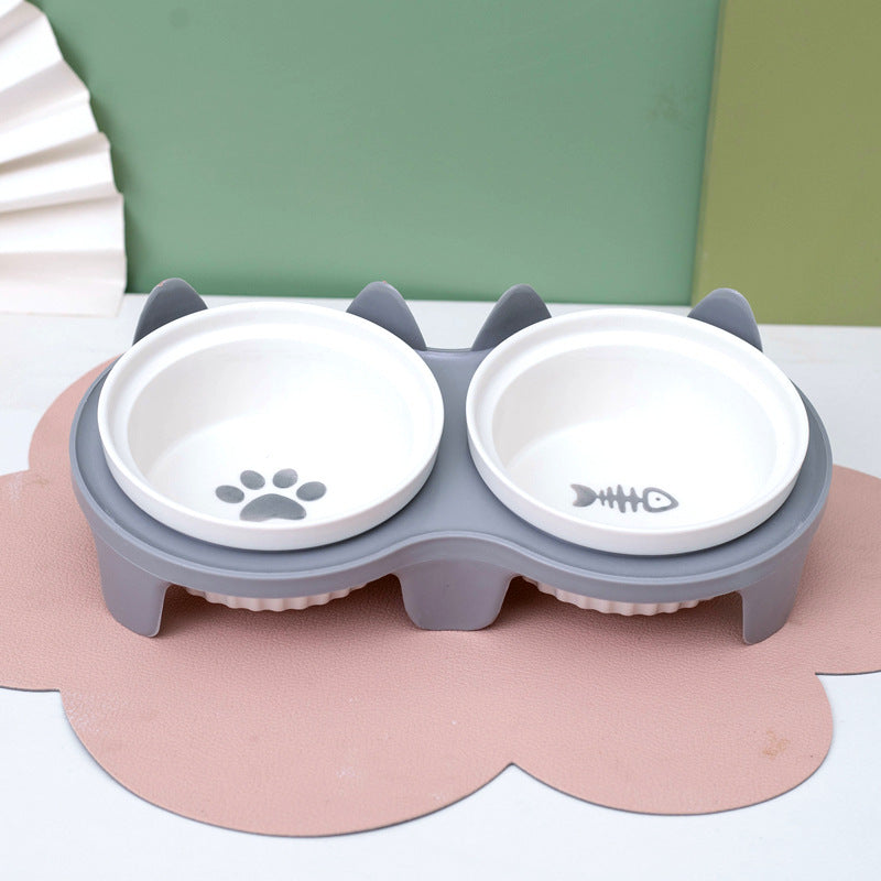 Ceramic Double Raised Pet Bowl Angled Feeding Stand