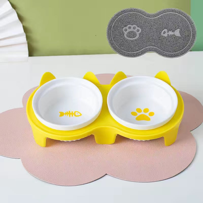 Ceramic Double Raised Pet Bowl Angled Feeding Stand